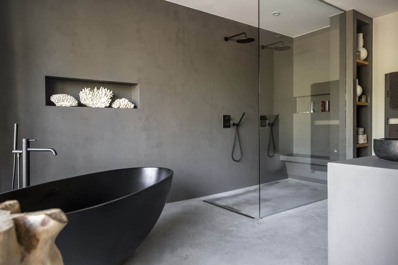 Badkamervloer gevlinderde betonvloer voor een rustieke badkamer